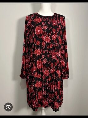 Philosophy Black Long-Sleeve Pleated Dress with Red Floral Print